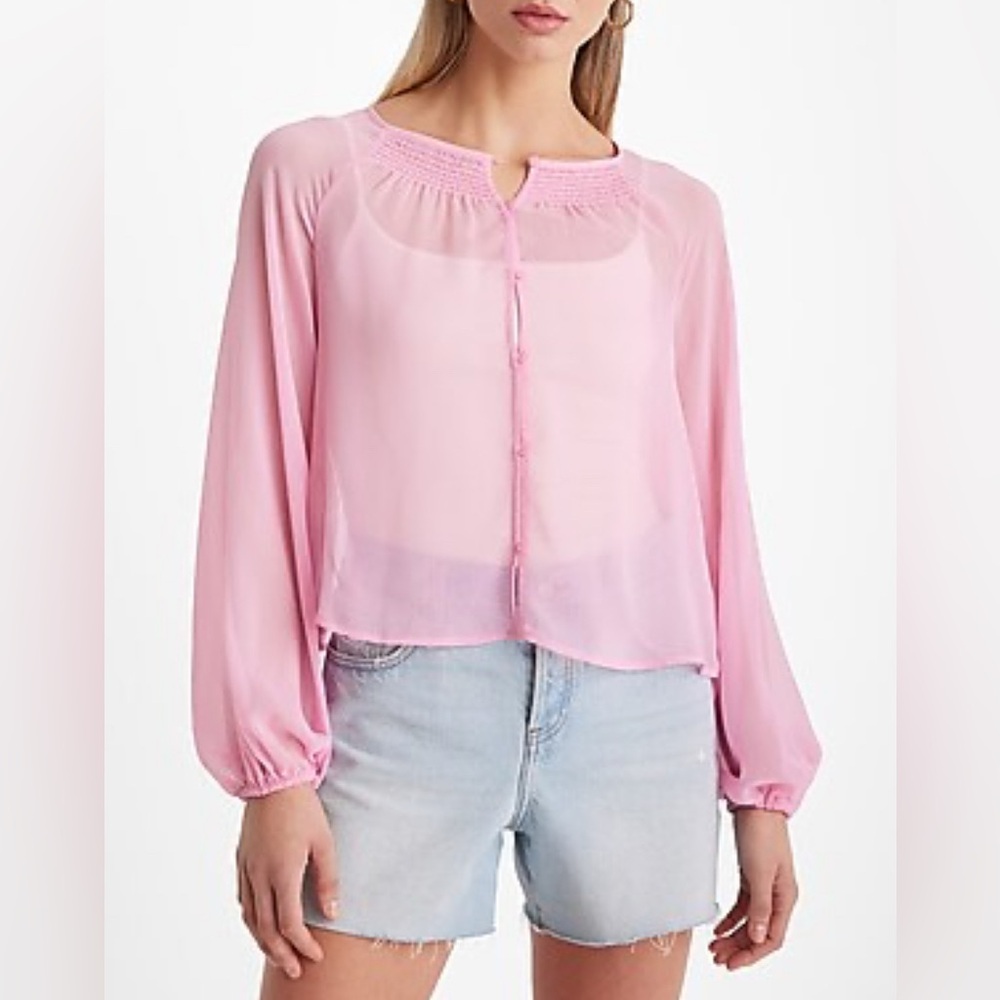 💋 Express - Sheer Smocked Balloon Sleeve Button Up Shirt